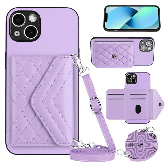Feishell for iPhone 13 Case Wallet RFID Blocking Card Slot Holder, Magnetic Flip Kickstand Folio Purse Case, PU Leather Handbag with Detachable Crossbody Strap For iPhone 13, Purple