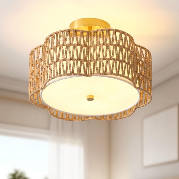 Giutna 13.6" Boho Light Fixtures Flush Mount, 3-Light Rattan Ceiling Light Fixtures Flush Mount Gold for Bedroom, Flower-Shaped C
