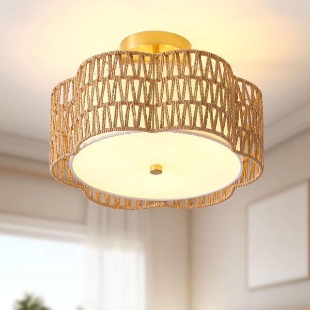 Giutna 13.6" Boho Light Fixtures Flush Mount, 3-Light Rattan Ceiling Light Fixtures Flush Mount Gold for Bedroom, Flower-Shaped C