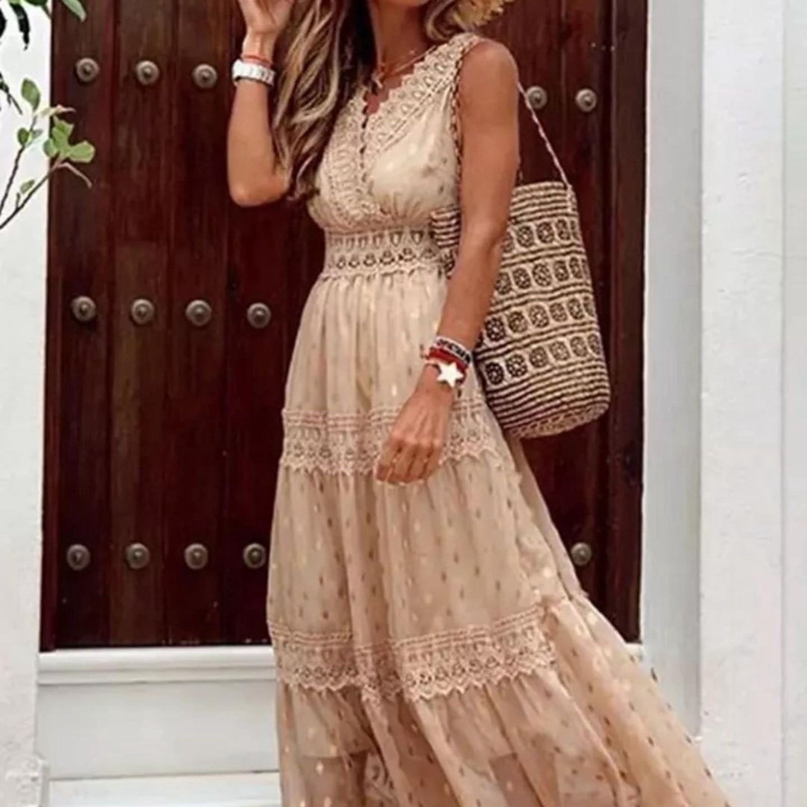 Ierhent Women's Casual Dresses Women's Floral Summer Short Dress Square Neck Short Sleeve Tiered Ruffle Boho Swing Dresses(Beige,M)