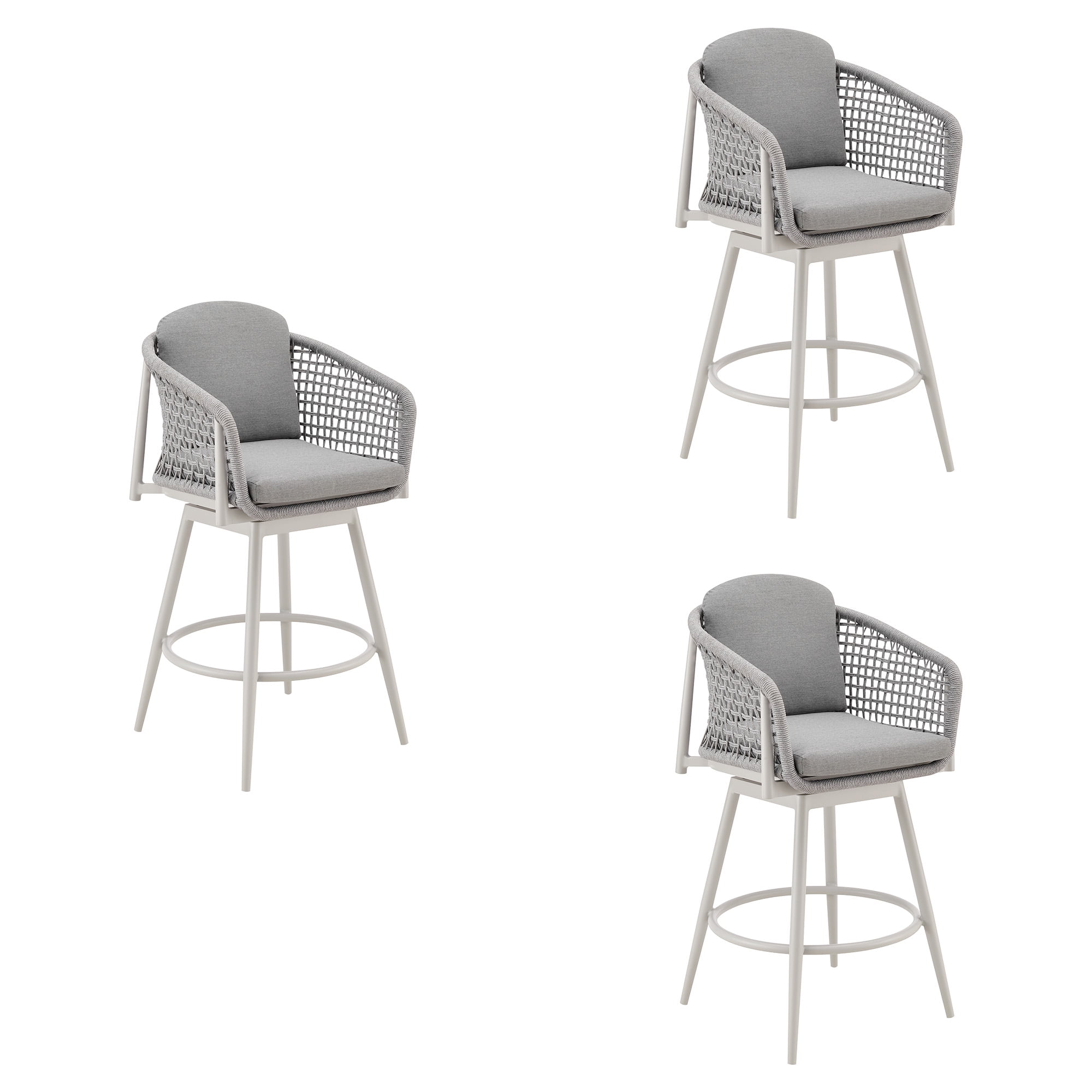 Rhodes Outdoor Patio Swivel Counter Stool in Aluminum with Light Gray Rope and Cushions - Set of 3