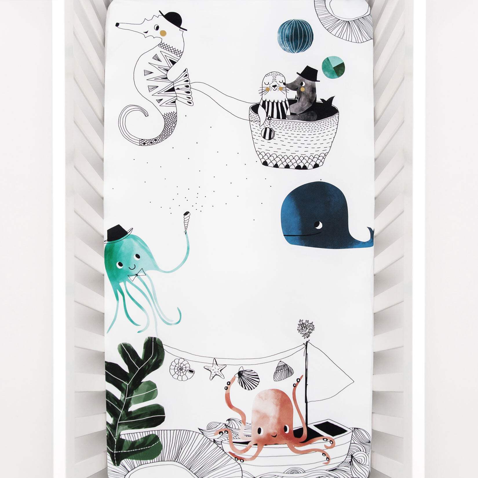 Rookie Humans 100% Cotton Sateen Fitted Crib Sheet: Underwater Love. Modern Nursery, Use as a Photo Background for Your Baby Pictures. Standard Crib Size (52 x 28 inches) Ocean Themed Baby Crib Sheet