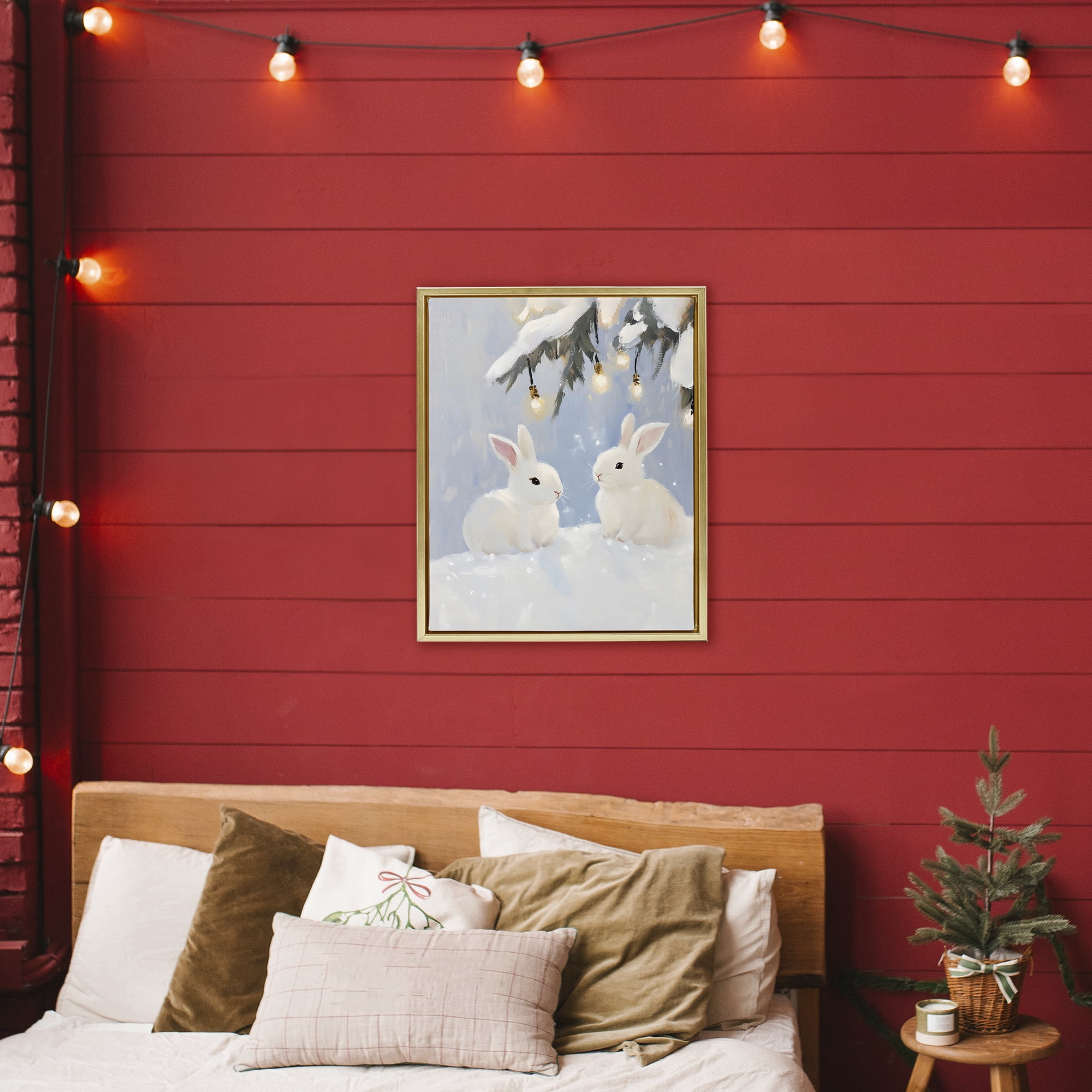 Stupell Industries Winter Bunnies Under Twinkling Lights Gold Framed Floater Canvas Wall Art, design by The Prints Vibe
