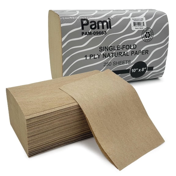 PAMI Single-Fold Natural Paper Towels, 1-Ply, 250 Sheets, 10 x 8 in, High-Absorbency Paper Towels for Commercial Dispensers