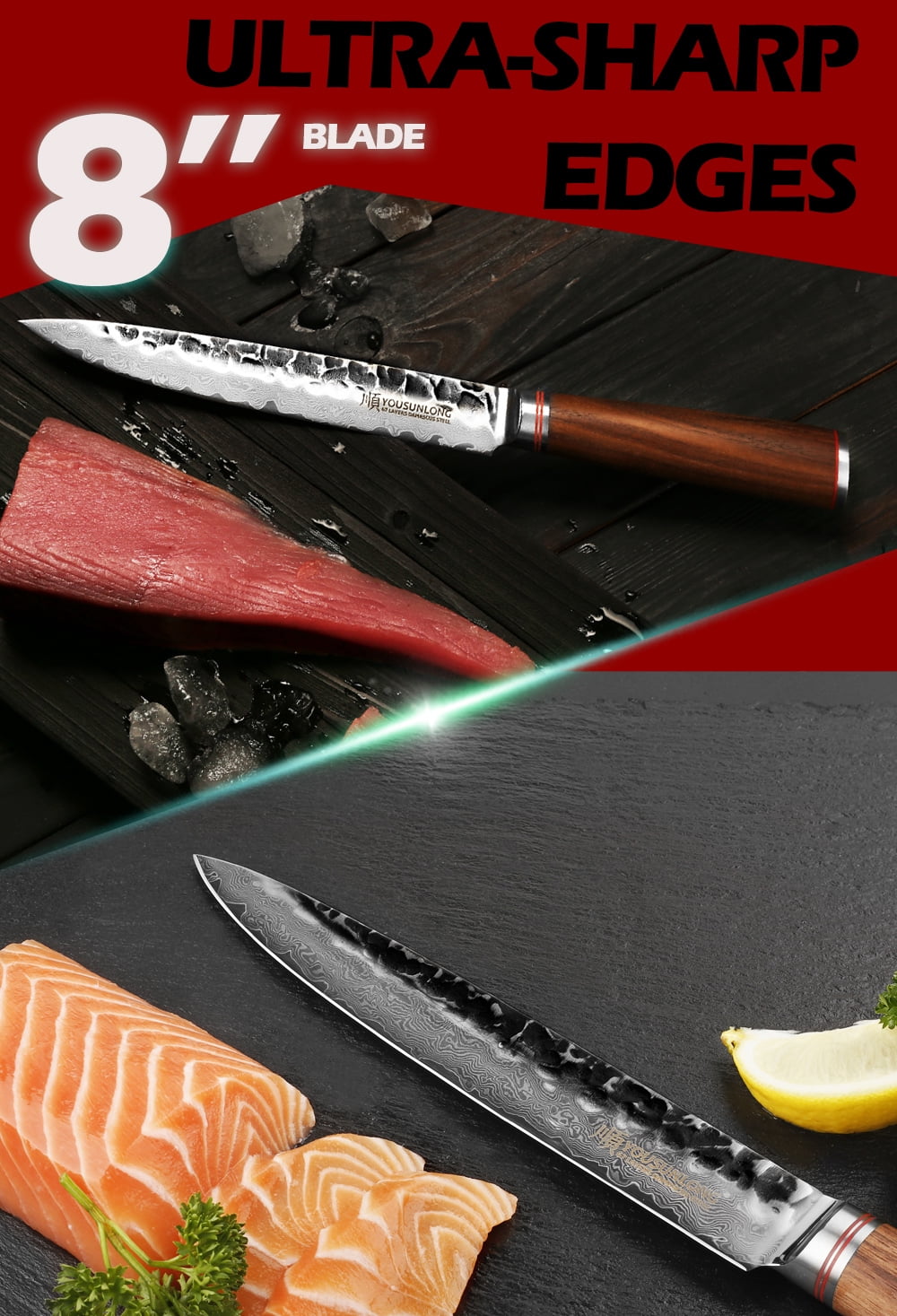 YOUSUNLONG Damascus Steel 8-Inch Japanese Sashimi & Sushi Carving Knife