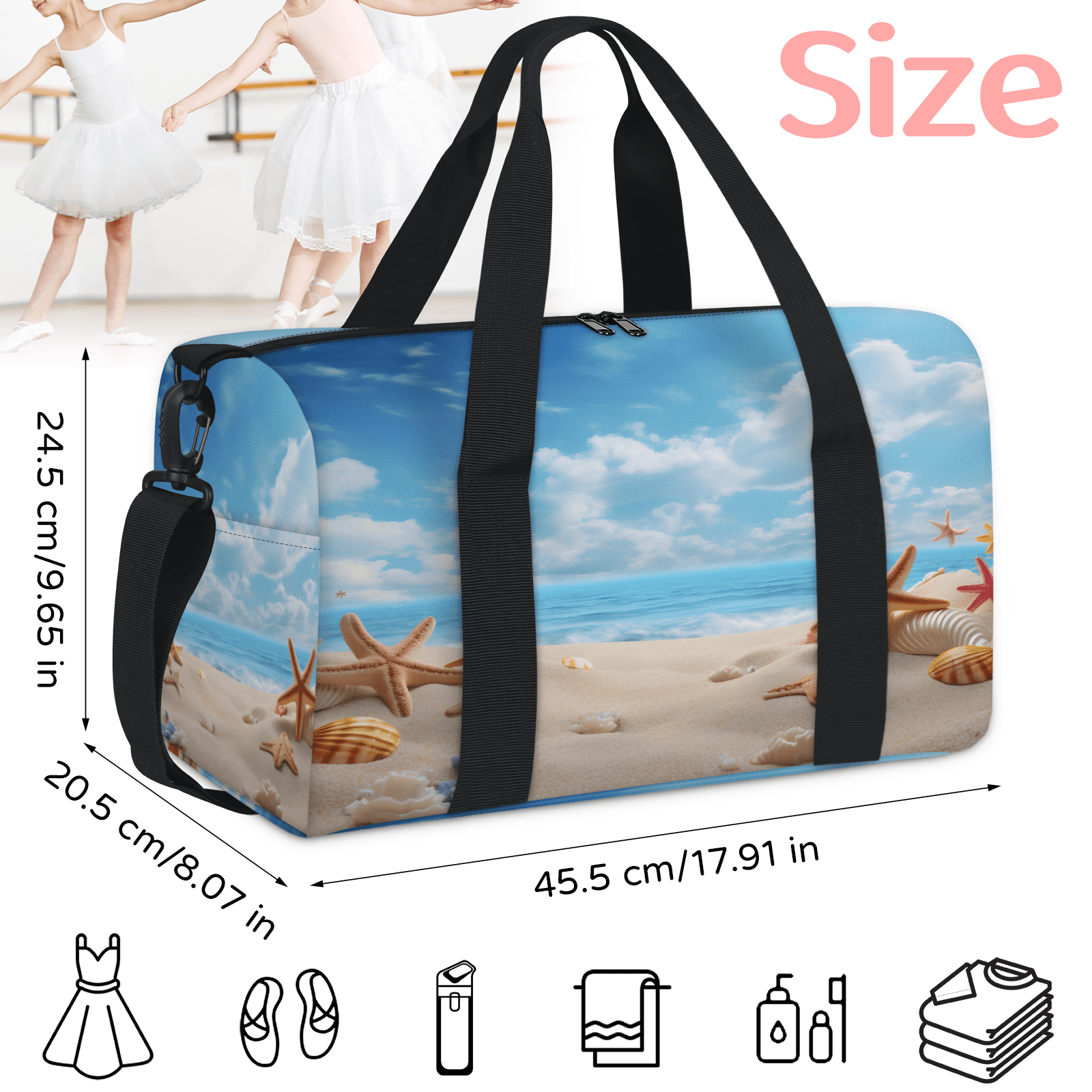 Herdesigns Ocean Beach Seashell Starfish Gym Bag for Women, Duffle Bag for Travel Sport, Nautical Coastal Lightweight Waterproof Carry on Weekender Dance Yoga Workout Bags