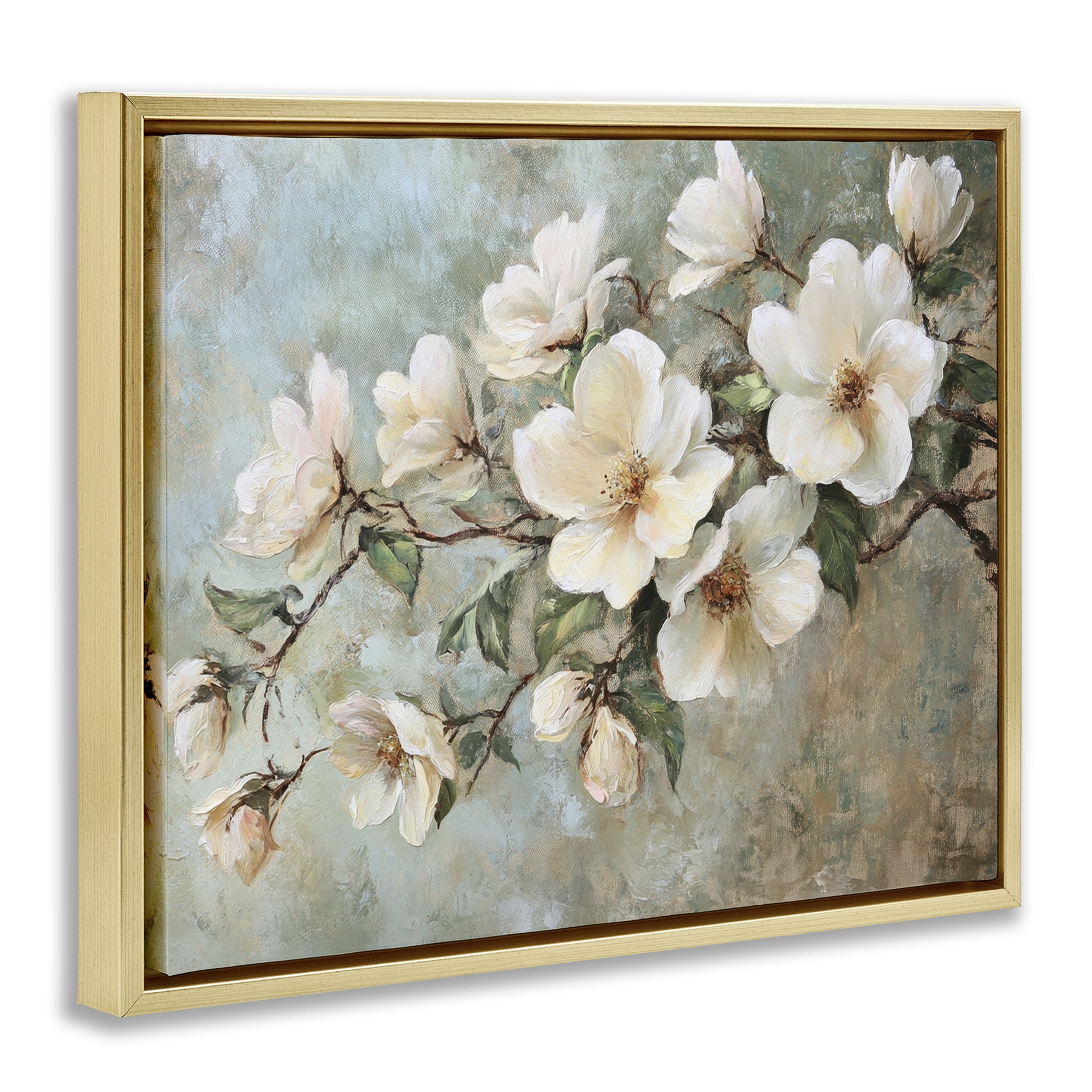 Stupell Industries In Bloom Flower Branch Plants & Flowers Painting Gold Floater Framed Canvas Art Print Wall Art, 31 x 25