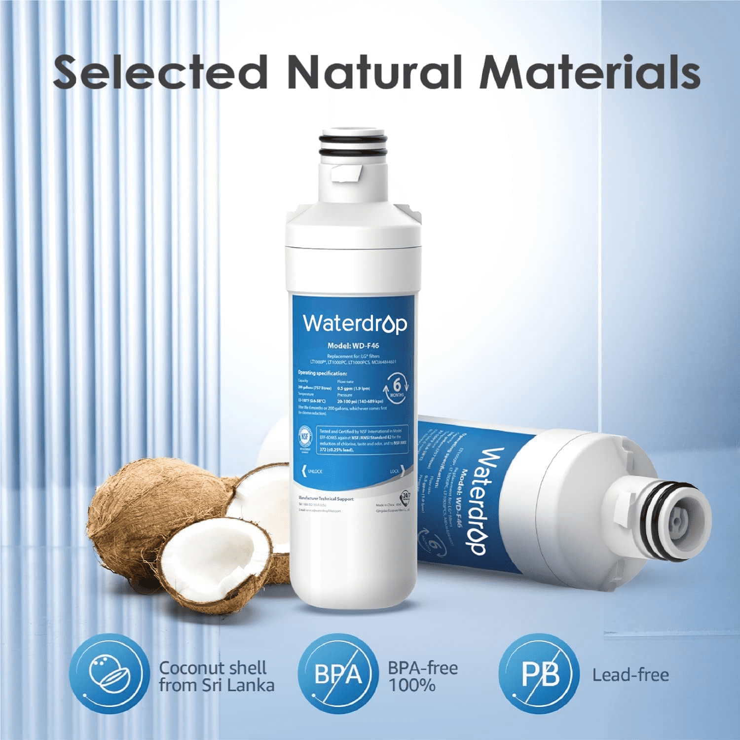 Waterdrop LT1000PC ADQ747935 Refrigerator Water Filter and Air Filter, Replacement for LG® LT1000P®, LMXS28626S, LFXS26973S, LFXS26596S, LFXS28596S, ADQ74793501, ADQ74793502 and LT120F®, 6 Combo