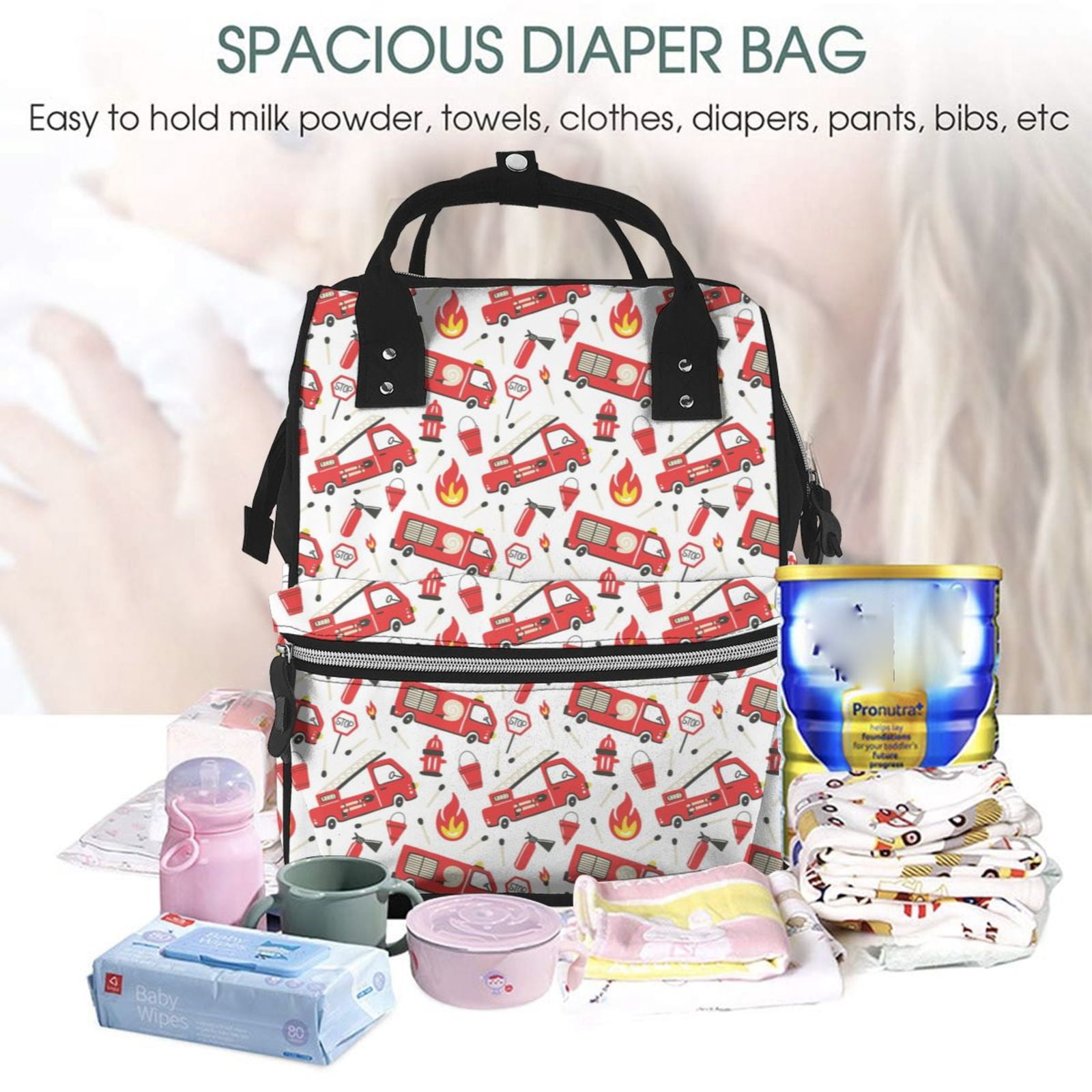 Ratiio Fire Truck Mummy Backpack - Waterproof Twill Canvas, Large Capacity Diaper Bag with Multiple Pockets and Adjustable Straps