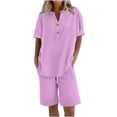 thumbnail image 2 of 2 Peice Short Sets for Women Short Sleeve Cotton Linen Shirts Matching Wide Leg Shorts Comfy Breathable Summer Outfits, XL, 2 of 8
