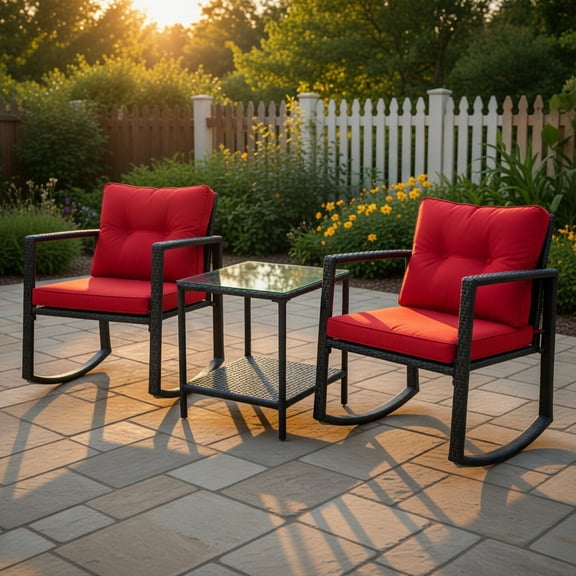 Topcobe Cushioned Patio Rattan Seating Rocking Chair Glass Table Set 3 Pieces with Steel Frame Furniture, Black