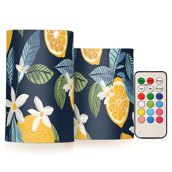 Lemon Fruits Lemon Blooms Flameless Candles LED Lights Battery Operated Candles with Remote and Timers Flicker Lights Votive Set of 2