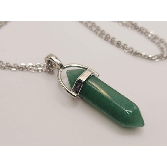 Green Aventurine Healing Crystal Point Necklace silver tone