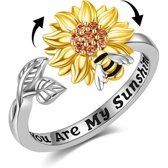 Heyoubi Sunflower Fidget Ring 925 Sterling Silver Bee Spinner Ring You Are My Sunshine Stress Relieving Adjustable Anxiety Birthday Jewelry Mothers Gifts for Women Mom Grandma Sunflower Lover