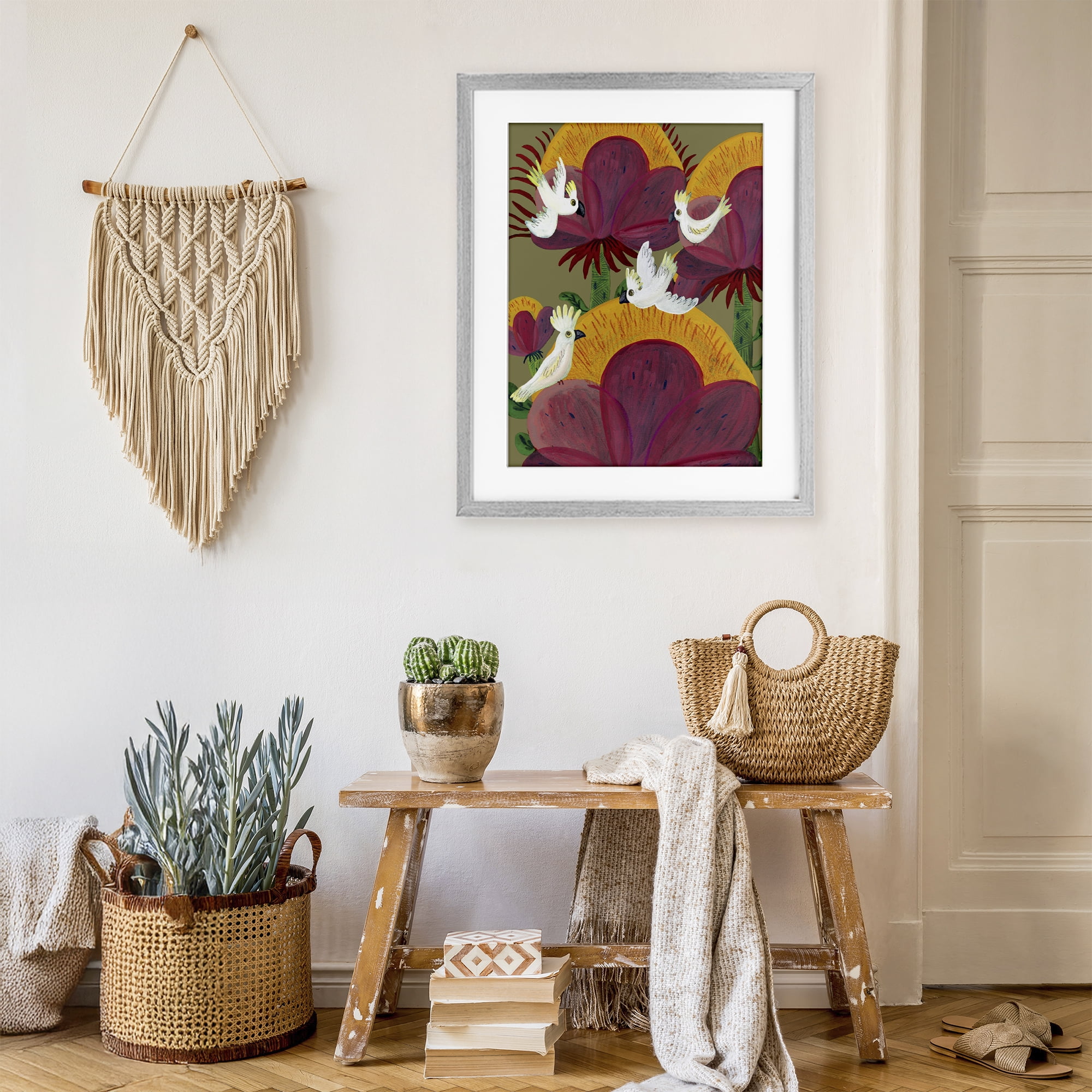 Stupell Industries Tropical Cockatoos & Plants Gray Framed Print Under Glass, design by Kay Widdowson