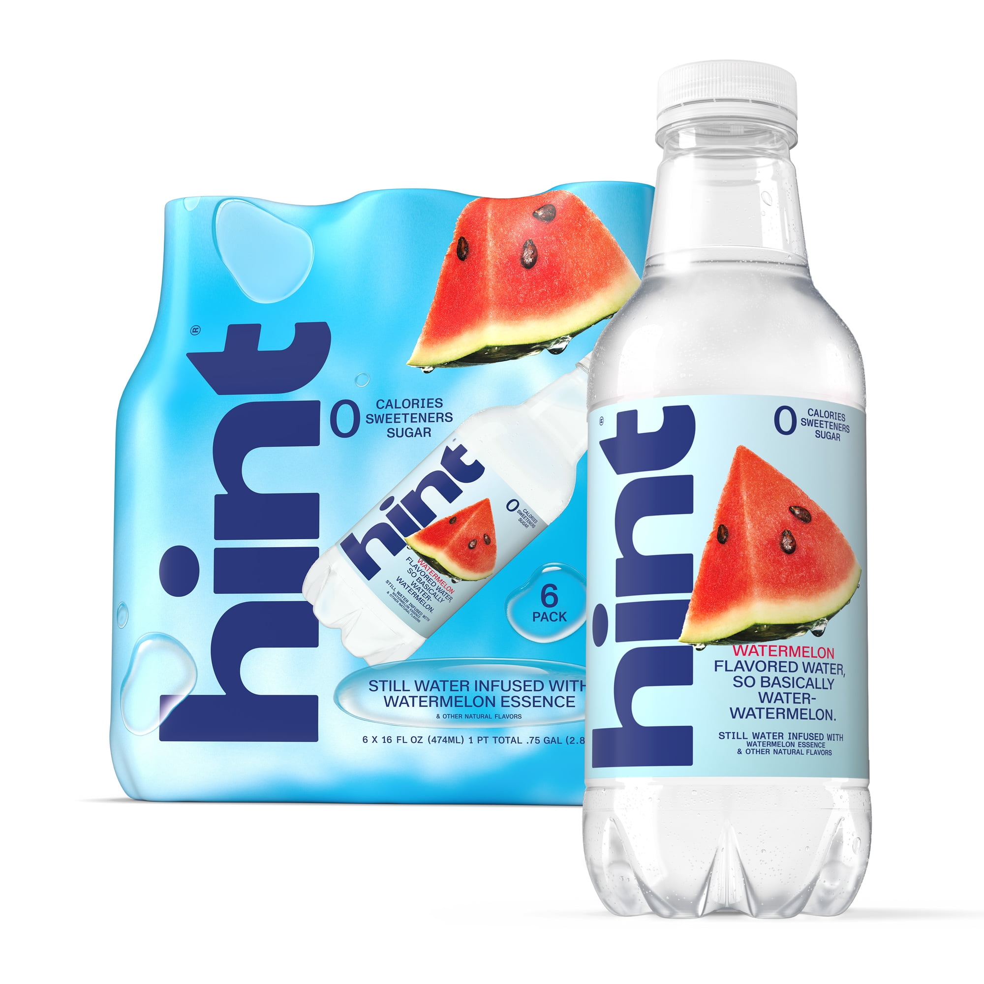 Hint Watermelon Flavored Water, 16 fl oz, 6 Pack Plastic Bottles