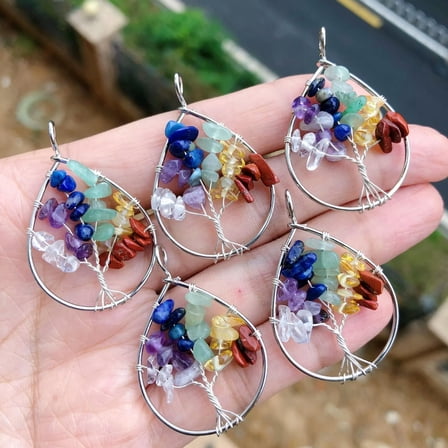 QQTDFG 5PCS Yoga 7 Charka Stone Gems Tree Of Life Pendants Reiki Healing Amulet-default