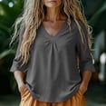 thumbnail image 4 of cocolona Womens Summer Trendy Tops V Neck 3/4 Sleeve Pleated Shirts Dressy Casual Solid Color Blouses, 4 of 6