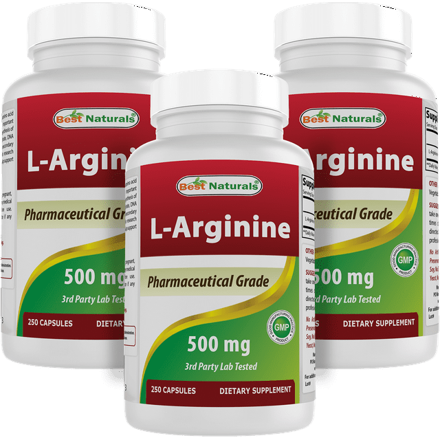 3 Pack Best Naturals L-Arginine 500 mg 250 Capsules - Walmart.com