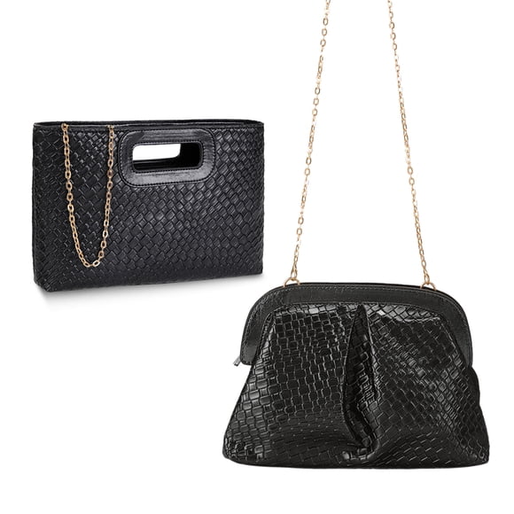 Set de 2 bolsos de mano trenzados para mujer en cuero PU con cadena – Elegante y moderno – Ideal para bodas, fiestas, cócteles y uso diario – Color negro, tamaño 29x19x5CM + 28x19x5CM