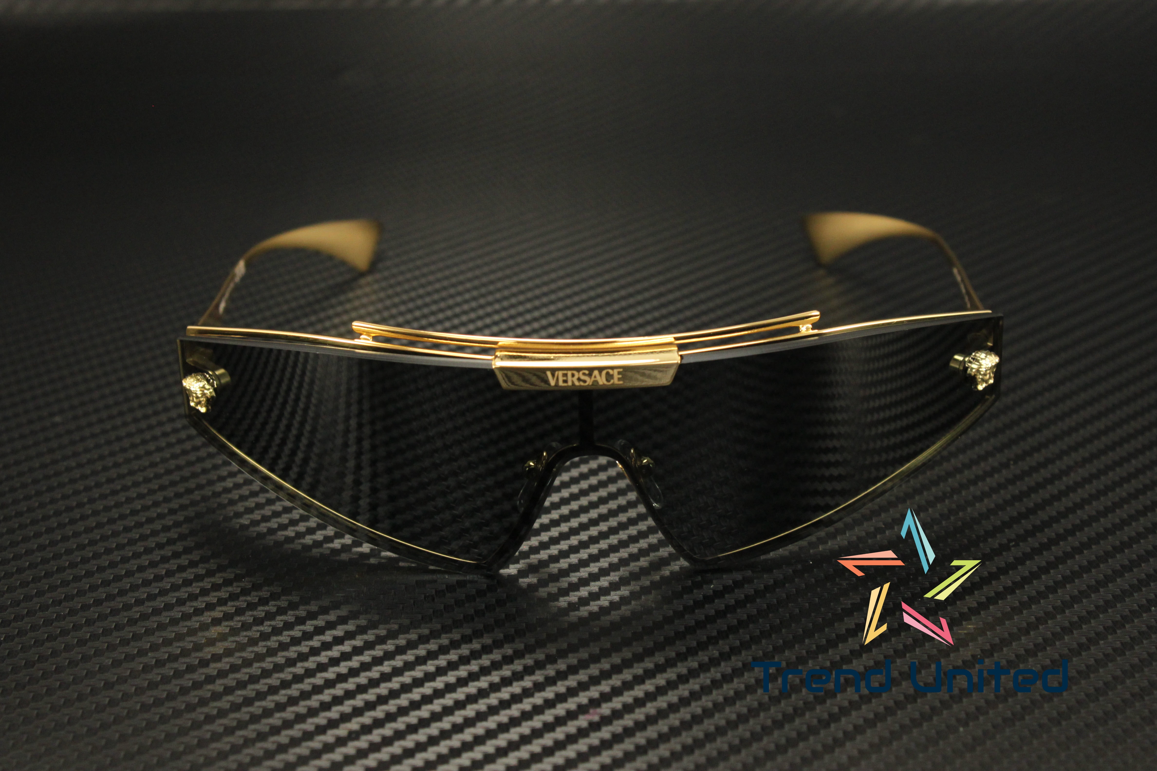 Versace VE 2265 Gold Metal Unisex Shield Sunglasses, Grey Lens