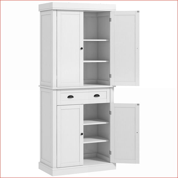 Kitchen Pantry Cabinet, 72.5” Tall Traditional Farmhouse Freestanding with 4 Doors, Drawer & Adjustable Shelves, White Wood Grain by HOMCOM | P2 Engineered Wood | Particle Board