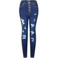thumbnail image 1 of 2Luver, Women's, High Waist High Rise Ripped Distressed 5 Pockets Skinny Comfy Jeans Button Closure, Dark Blue, 13, 1 of 2
