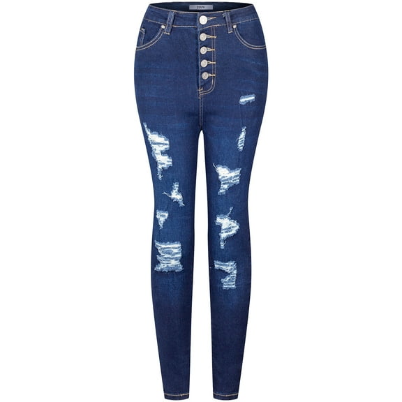 2Luver, Women's, High Waist High Rise Ripped Distressed 5 Pockets Skinny Comfy Jeans Button Closure, Dark Blue, 5