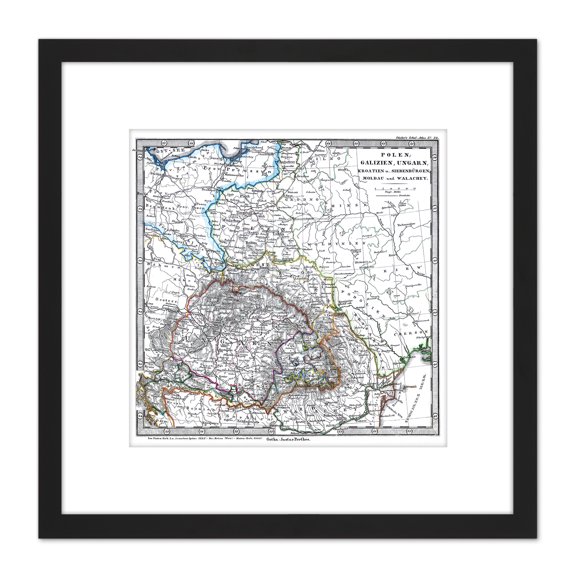 Map Antique 1862 Stieler Poland Hungary Old Replica 8X8 Inch Square Wooden Framed Wall Art Print Picture with Mount