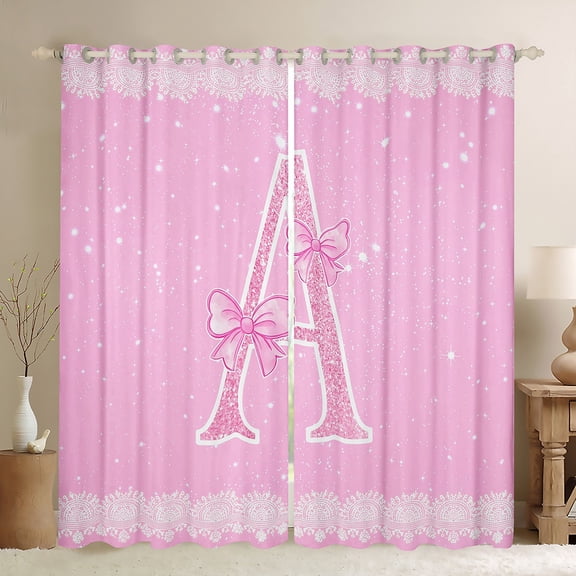Manfei Letter A Monogrammed Blackout Curtains Set of 2 (52x84 Each),Pink Sparking Print Window Curtains,Cute Bow Bowtie Curtains and Drapes For Child,Microfiber Room Decorative