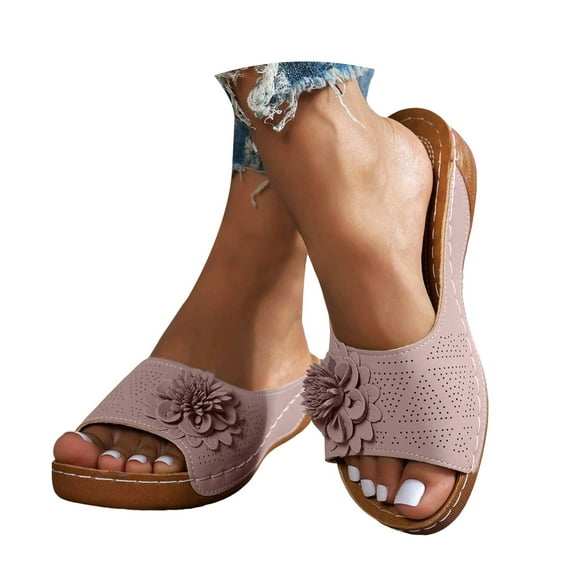 Dakaela Orthopedic Wedge Sandals for Women Leather Summer Beach Dressy Slide Shoes Platform Slipeprs