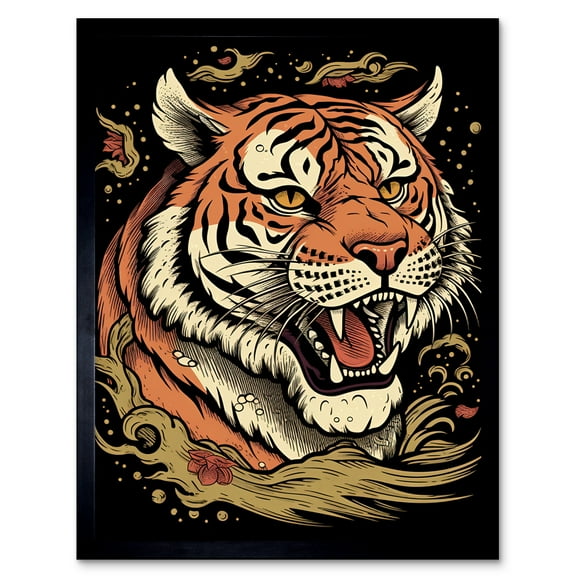 Tiger Portrait Old School USA Tattoo Ink Body Art Rockabilly Americana 50s Art Print Framed Poster Wall Decor 12x16 inch