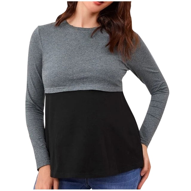 MeetoTime Women's Long Sleeved Maternity Blouses Loose Patchwork Round Neck Breastfeeding Top