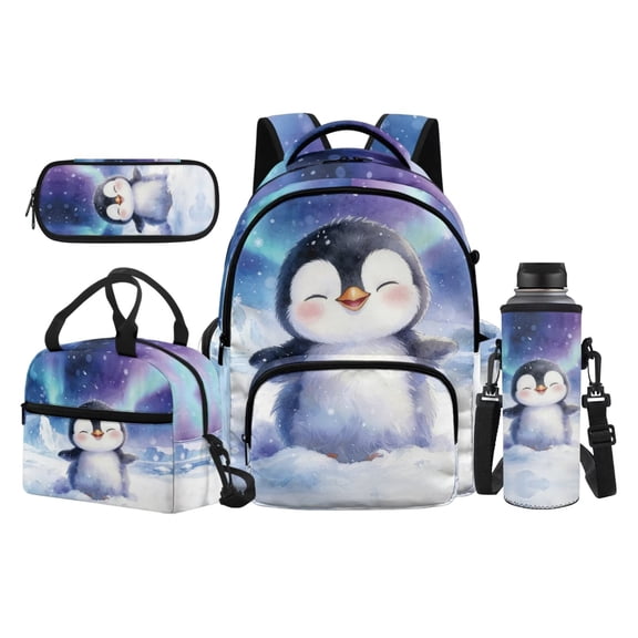 HUIACONG Backpack Set Snow Penguin 17 Inch 4 Pcs Main Pack, Lunch Bag, Pencil Case & Bottle Sleeve, Ergonomic Padded, for Boys Girls Ages 5-10