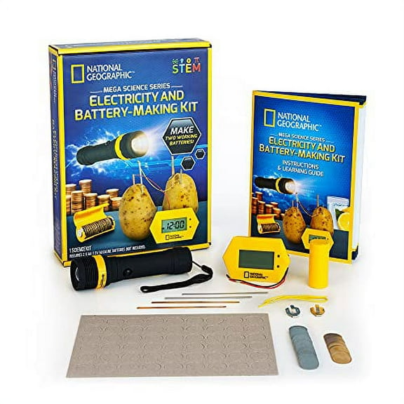 NATIONAL GEOGRAPHIC Trousse de Fabrication de Piles - Trousse Scientifique de Lampe de Poche à Piles « Potato Clock » et « Penny », 2 Projets STIM d'Électricité, Idéal pour Filles et Garçons,