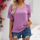 thumbnail image 2 of Top de verano para mujer, camisa informal con cuello en V y mangas cortas cónicas con farol de punto Jacquard, color morado XL, 2 of 5
