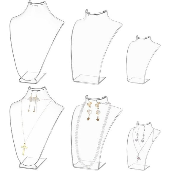DIY 6 Pcs Plastic Bust Necklace And Earring Display Stands 3 Sizes Clear Jewelry Portrait Display Organizer Mannequin Holder for Necklace Storage Pendant Chokers Chain Holder for Home Store