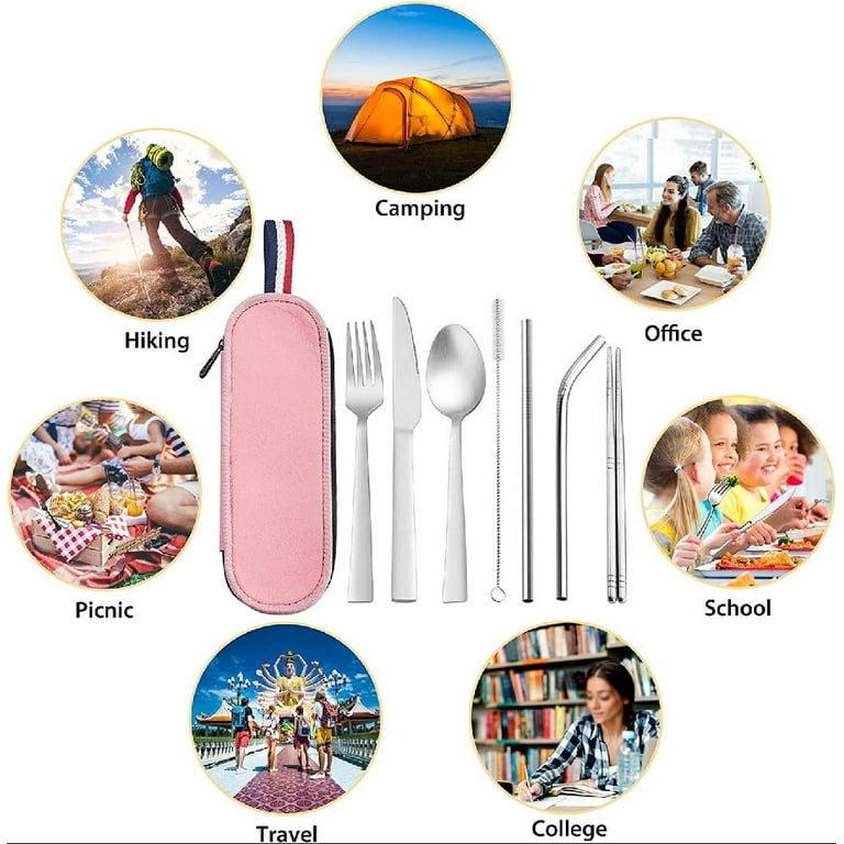LIANYU 9-Piece Travel Utensils Silverware Set, Stainless Steel Knife Fork  Spoon, Chopsticks, Metal Straws, Cleaning Brush, Pink Case and Bag