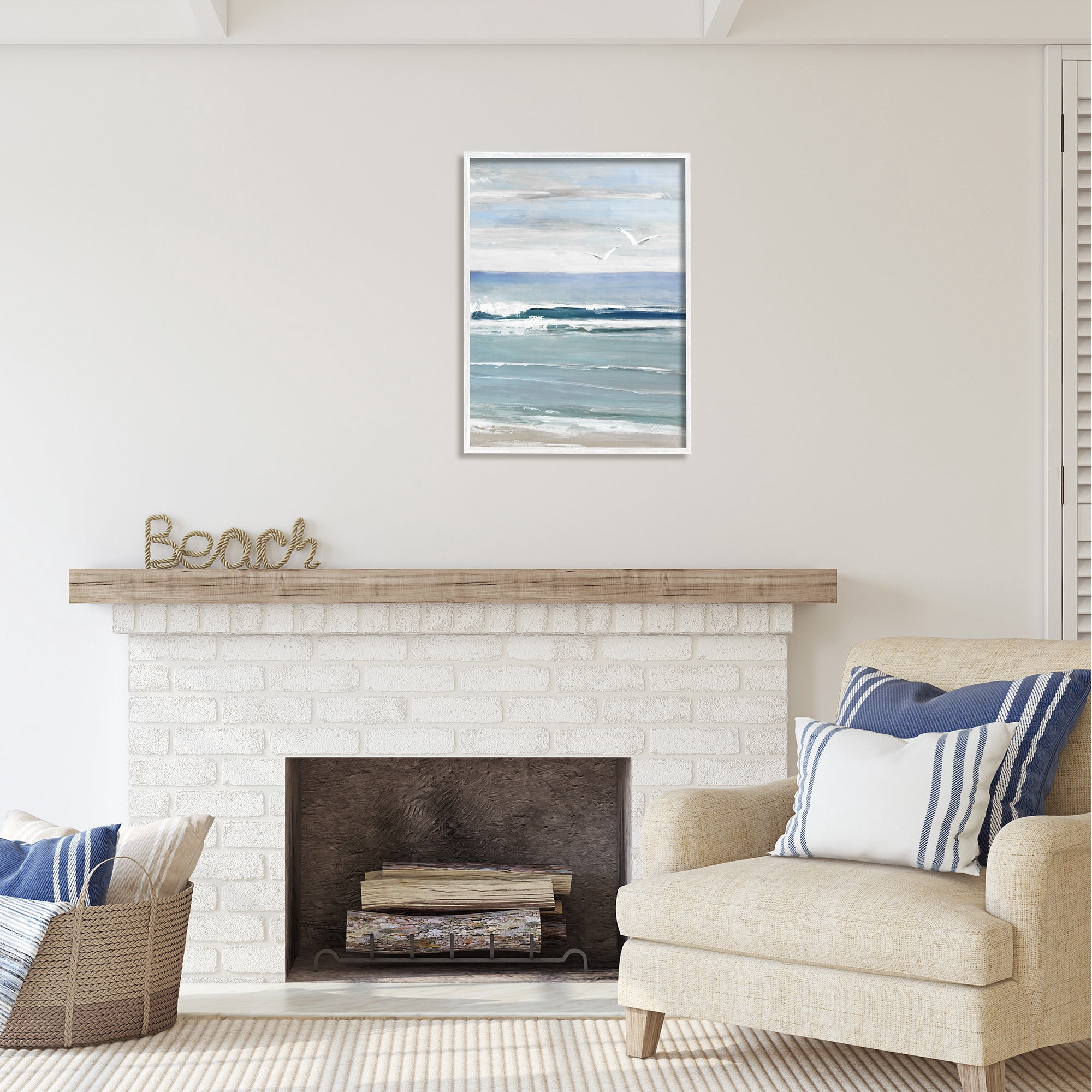 Stupell Industries Seagulls Over Shore Nature Painting White Framed Art Print Wall Art, 24 x 30