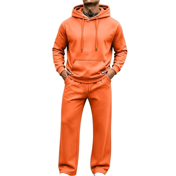 Men 2 Piece Pants Set Hooded Athletic Long Sleeve Hoodies Sweatpants Cotton Sweatsuits Sets Athletic Training Casual Running Jogging Sport Suit Sets Orange M
