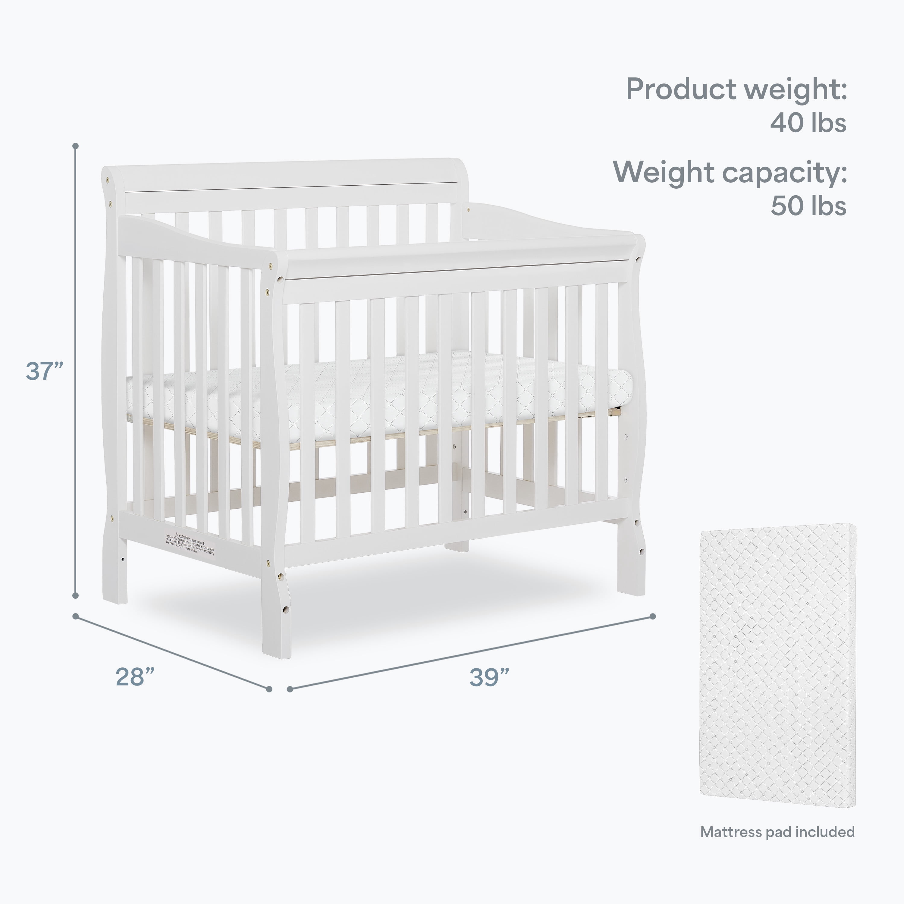 Dream On Me Aden 4-in-1 Convertible Mini Crib In White, Greenguard Gold Certified