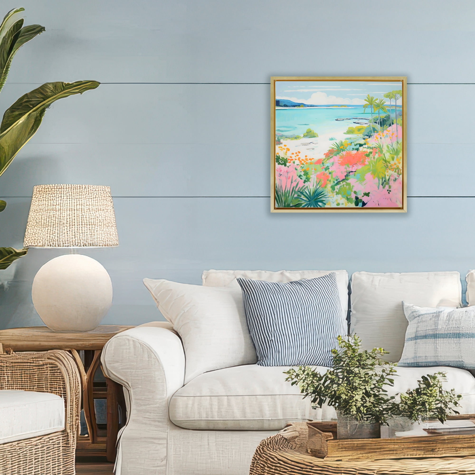 Stupell Industries Tropical Coast Blooming Shoreline Gold Framed Floater Canvas Wall Art, design by Creative Studio