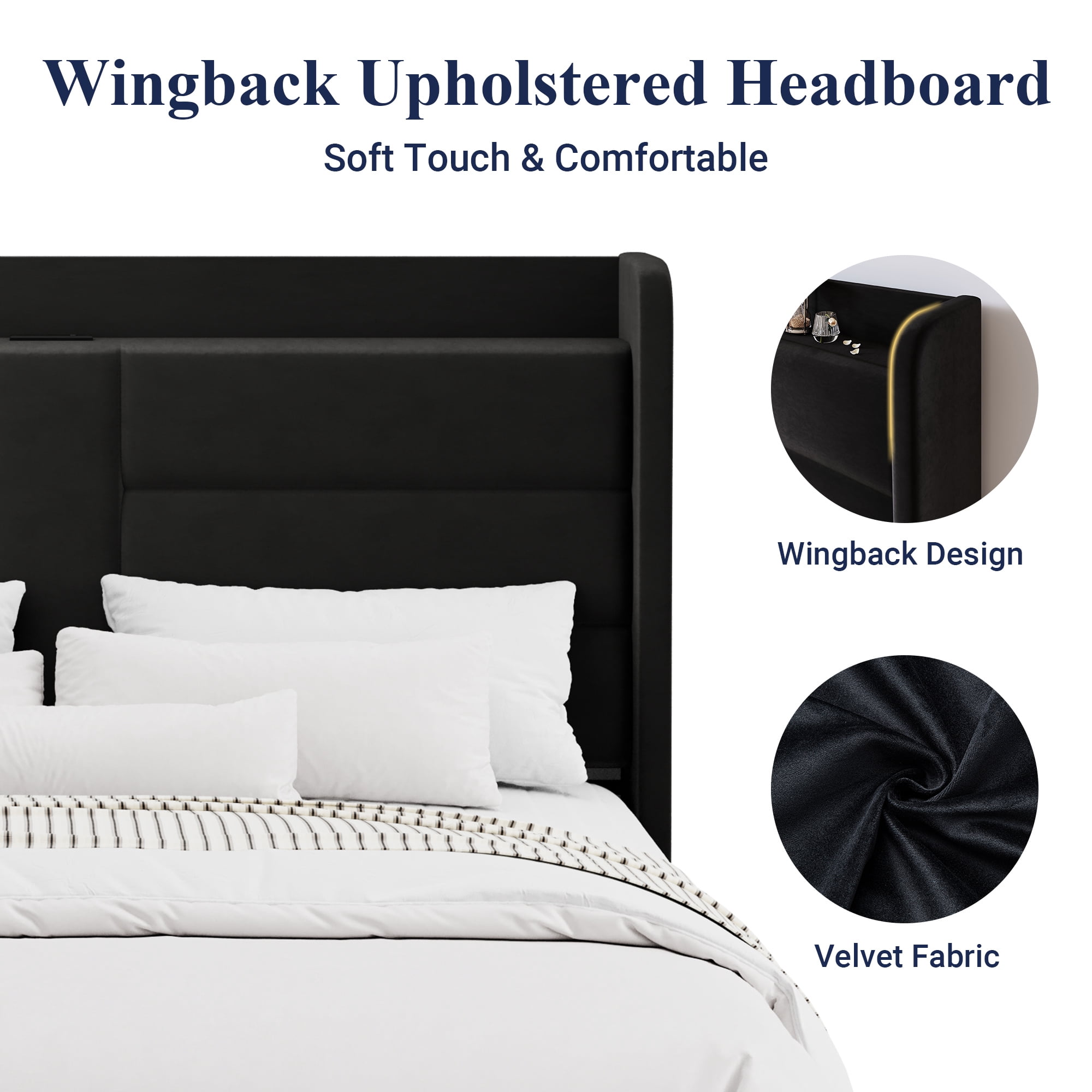 Allewie Full Size Bed Frame with Charging Station, Upholstered Velvet Wingback Design & USB Port, No Box Spring Needed, Black