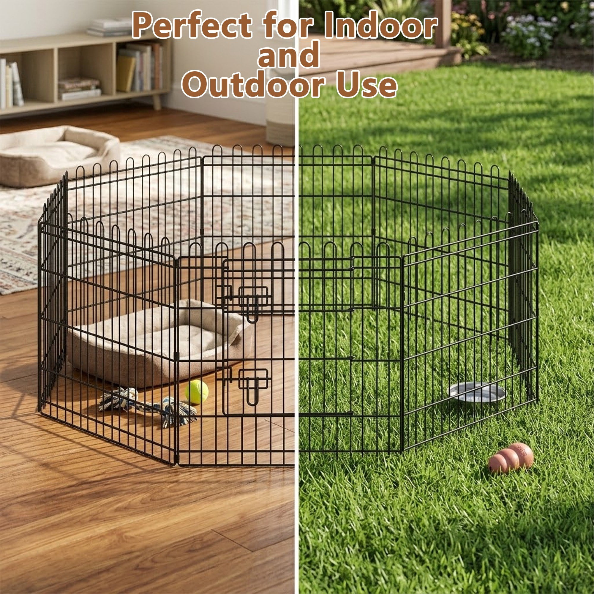 Scalloped Dog Playpen, 24-Inch Tall, 8-Panel Foldable Metal Pet Fence, Black