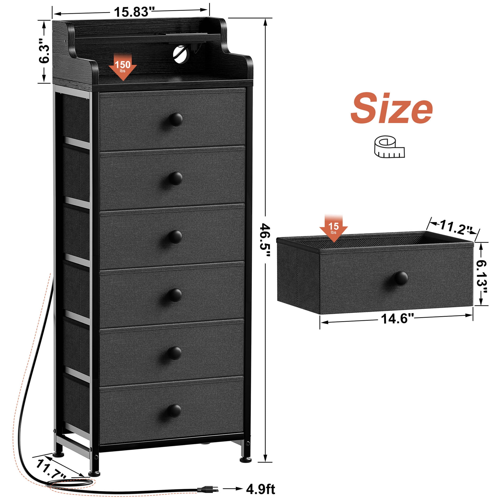 GUNAITO Led Dresser for Bedroom 6 Drawers Tall Fabric Closet Chests of Drawers,Grey