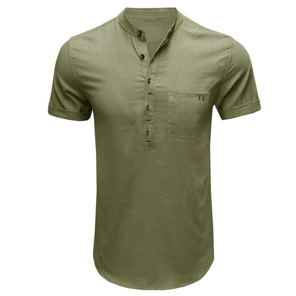 WREESH Men's Cotton Linen Henley Shirt Button Front Casual Solid Fashion Pullover Tops Olive Green