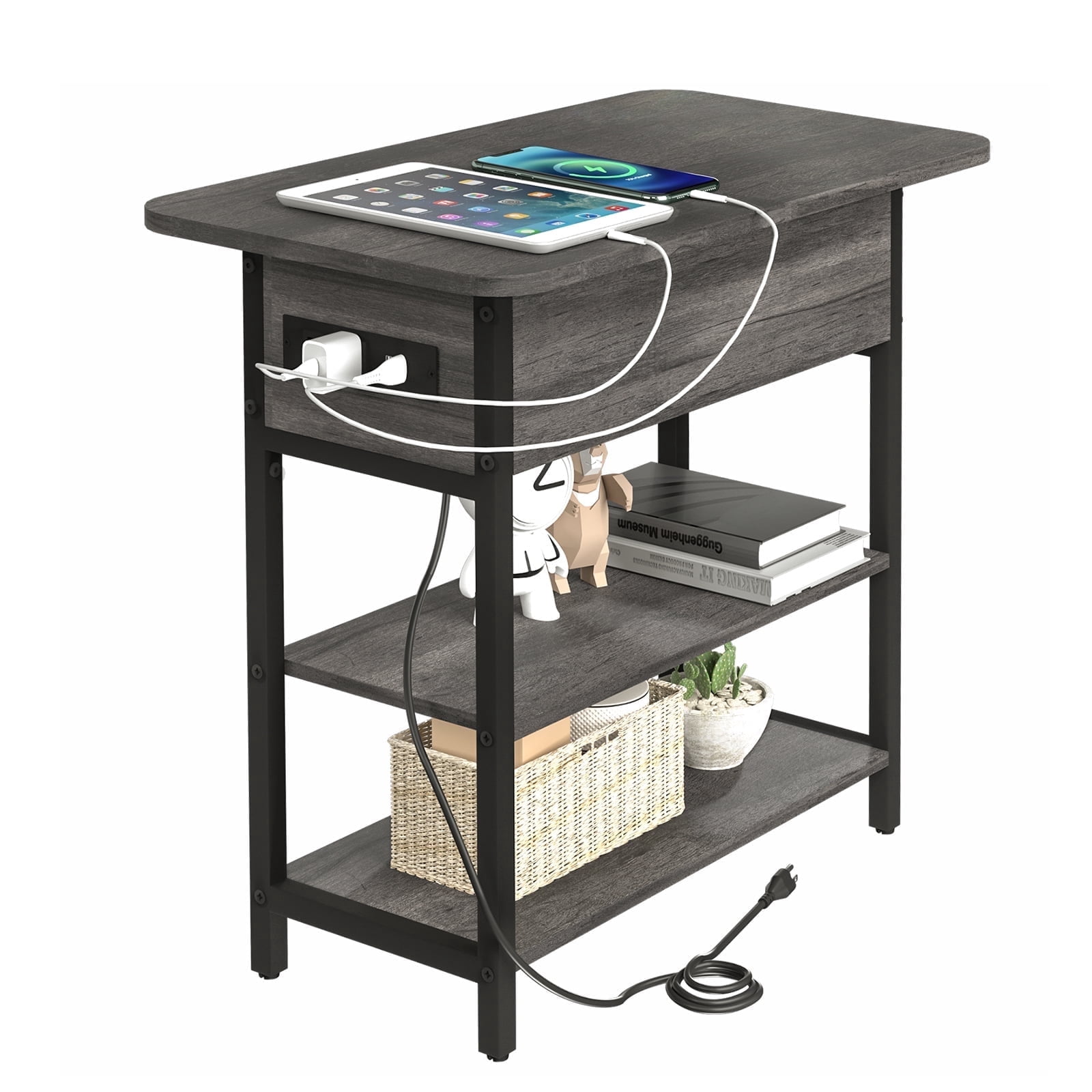 End Table with Charging Station, Flip Top Side Table with USB Ports and Outlets,Small Table Bedside Tables with Storage Shelf for Living Room, Bedroom