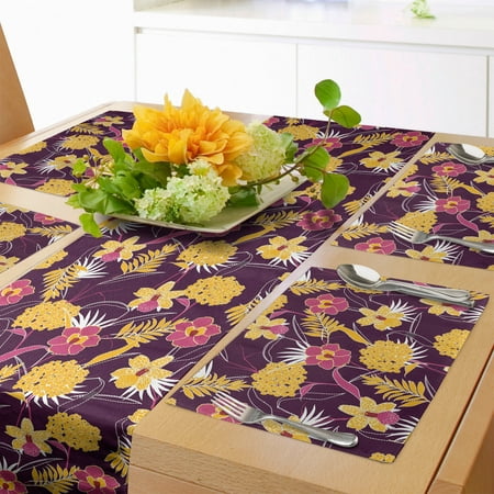 

Floral Table Runner & Placemats Pastel Buttercup and Hibiscus Bloom Flourishing Buds Jungle Setting Set for Dining Table Placemat 4 pcs + Runner 16 x90 Magenta and Earth Yellow by Ambesonne