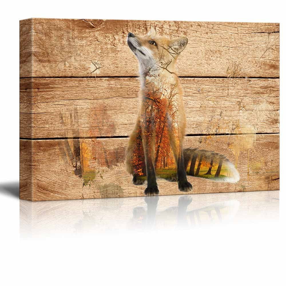 Wall26 Double Exposure Rustic Canvas Wall Art Fox in The Wild on