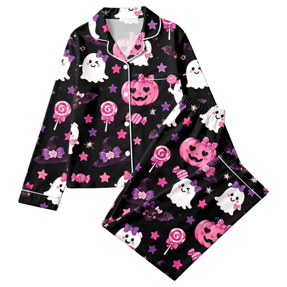 Halloween Pajamas Kids Size 5-6 Years Girls Themed Weekend Loungewear Long Sleeve Top with Pants Cozy Girls' Pajama Sets Black